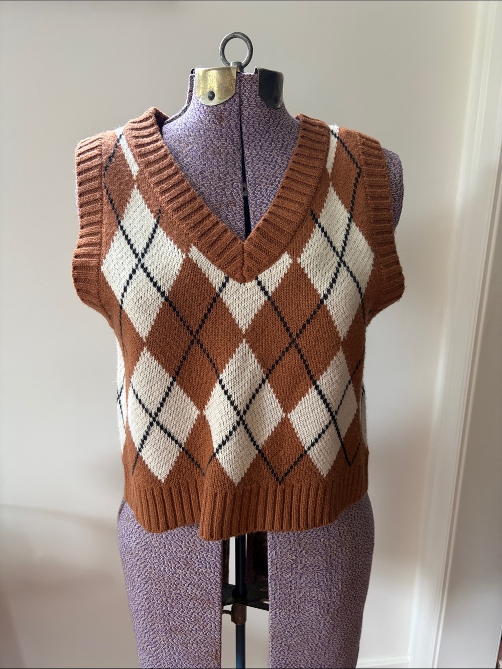 Knit Vest in Tan/Brown and Cream